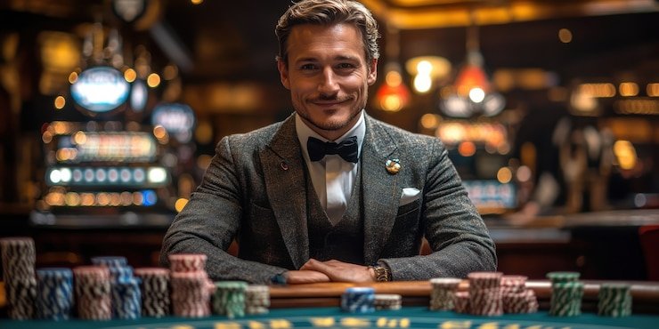 Dealer live casino mengatur permainan dengan latar belakang studio live streaming